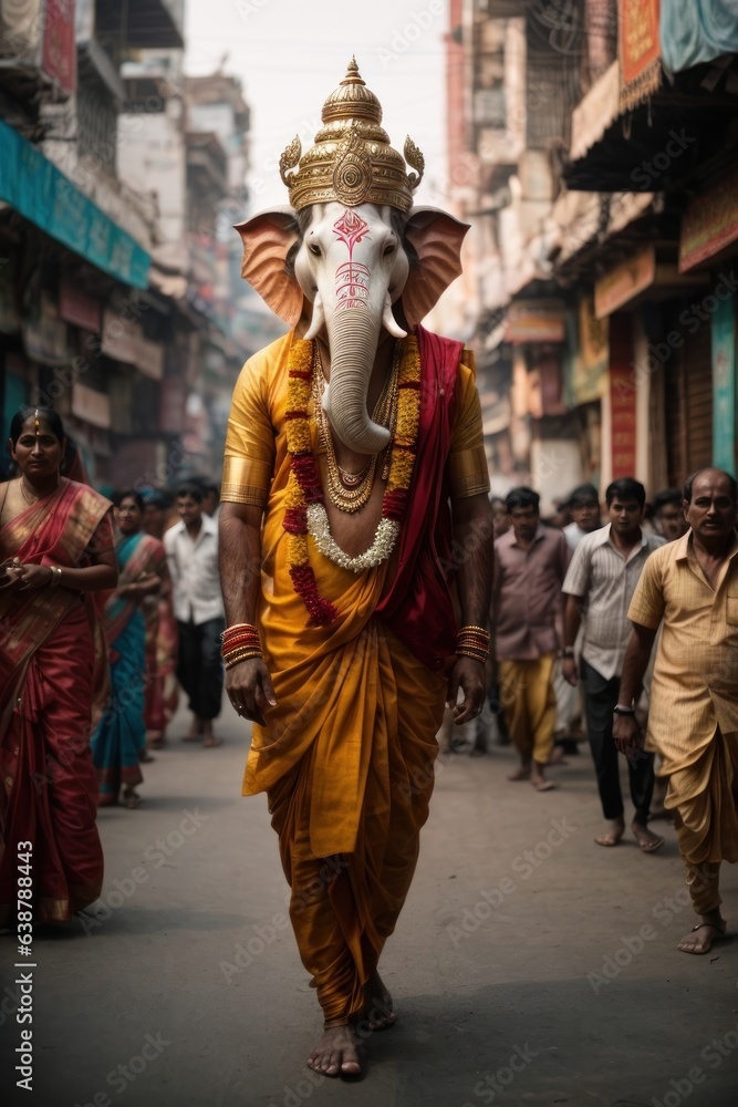 God Ganesh in human avatar walking in Indian street