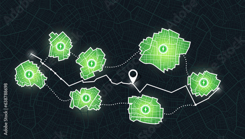 Path turns and destination tag or mark. Huge city top view Tracking path and route planning from home. Black backgrougnd vector. Location charging station on parking lot with fast supercharger station