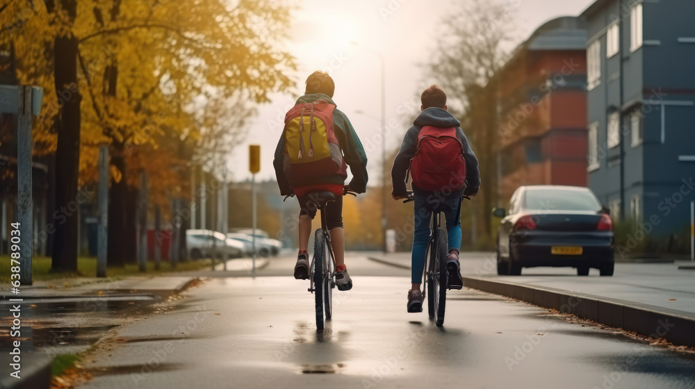 Two boys with backpacks on bicycles going to school