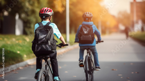 Two boys with backpacks on bicycles going to school photo