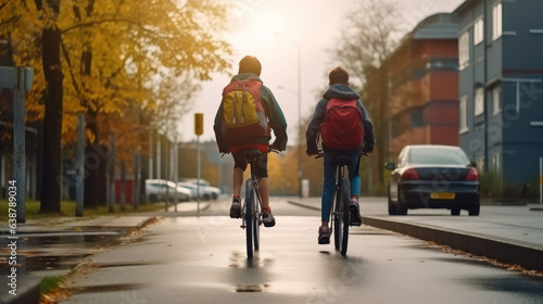 Two boys with backpacks on bicycles going to school