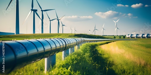 Energiewende in Aktion: Rohrsystem mit Windkraft im Hintergrund
