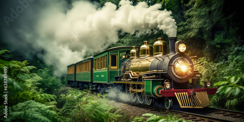 Vintage steam powered railway train. Narrow gauge railway in the mountains in autumn. Steam locomotive with wagon drives on a track in a valley with trees, digital ai