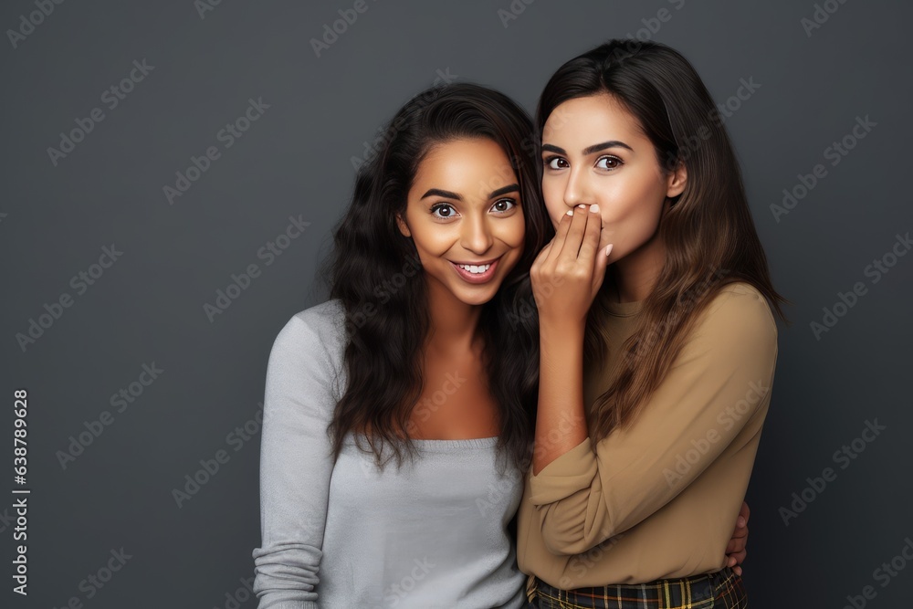 Young woman whispering to her friend against grey background Young woman whispering to her friend against grey background