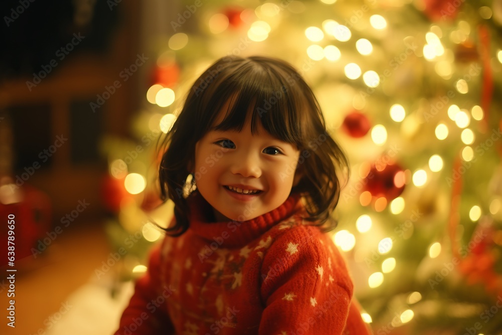 クリスマスツリーの前で微笑む女の子 クリスマスツリーの前で微笑む女の子