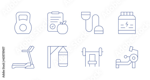 Fitness icons. editable stroke. Containing weight, nutrition, expander, proteins, treadmill, punching bag, fitness, rowing machine.