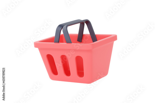 Market basket 3d render icon - supermarket bag, goods food handbag and shopper cartoon empty plastic package