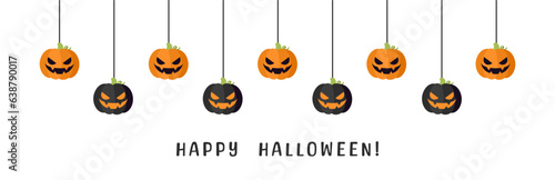 Happy Halloween border banner jack o lantern pumpkins hanging from spider webs. Spooky Ornaments Decoration Vector illustration, trick or treat party invitation