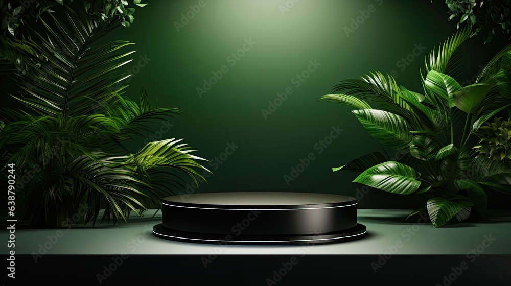 Podium mockup display for product presentation with tropical palm leaves Botanical product backdrop Podium mockup display for product presentation with tropical palm leaves Botanical product backdrop