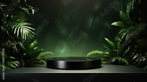 Podium mockup display for product presentation with tropical palm leaves Botanical product backdrop