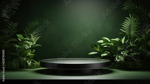 Podium mockup display for product presentation with tropical palm leaves Botanical product backdrop