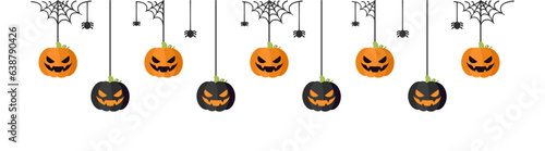 Happy Halloween border banner jack o lantern pumpkins hanging from spider webs. Spooky Ornaments Decoration Vector illustration, trick or treat party invitation