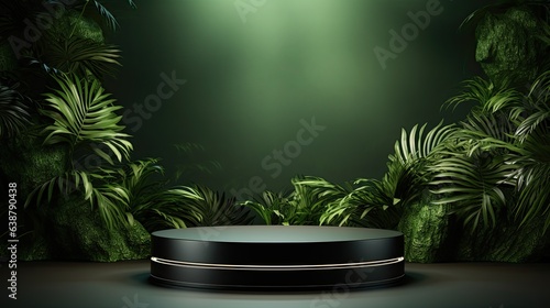 Podium mockup display for product presentation with tropical palm leaves Botanical product backdrop