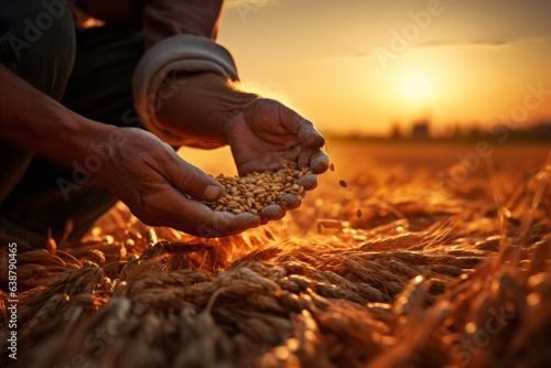 Hard-working hands of male farmer pouring grain