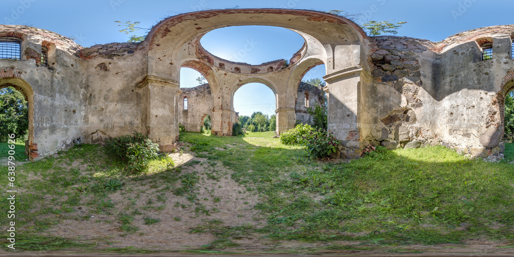 full seamless spherical hdri 360 panorama inside ruined abandoned church with arches without roof in equirectangular projection with zenith and nadir, ready for  VR virtual reality content