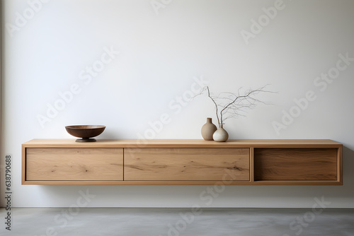 Wooden sideboard on white wall minimalist interior design photo