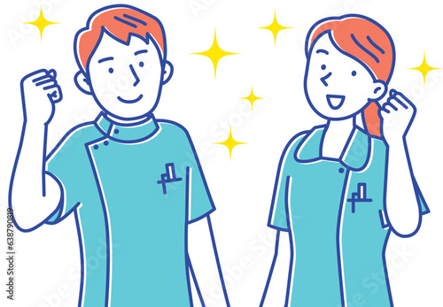 笑顔でガッツポーズする若い看護師の男女セット