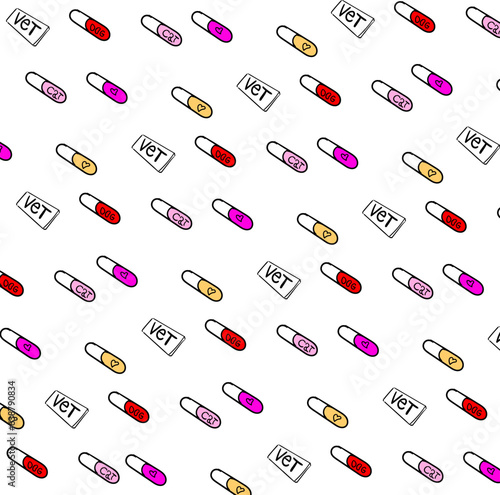 The print was created for the design of veterinary clinics or zoological organizations. On the image there are capsules with words and boards "vet".