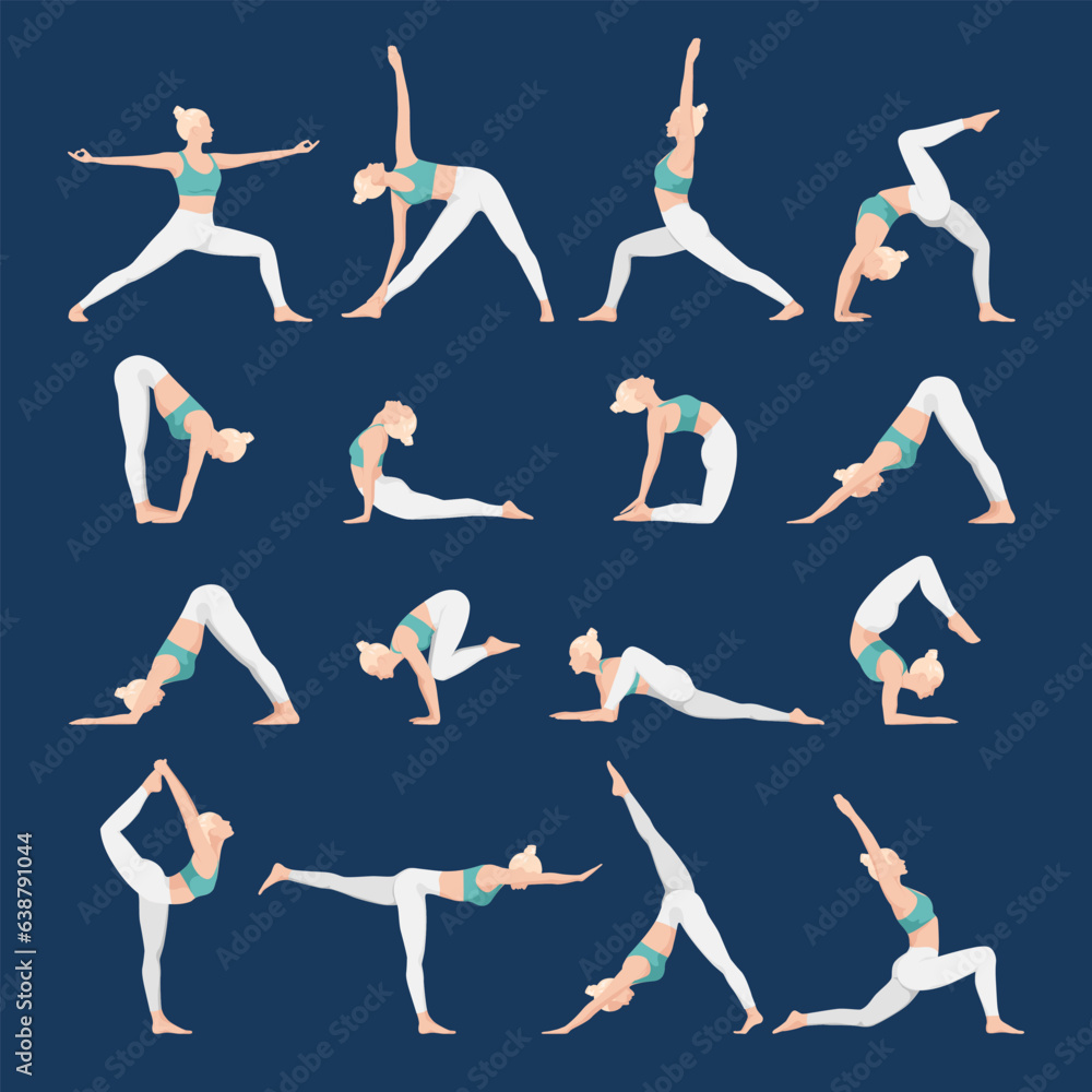 Set of slim sportive young blonde woman doing yoga and fitness exercises