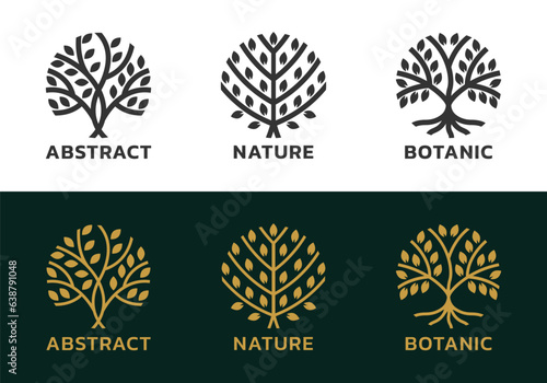 Tree logo or icon set. Modern eco, organic, nature symbol. Abstract plant, leaf, tree of life emblem design. Vector illustration.