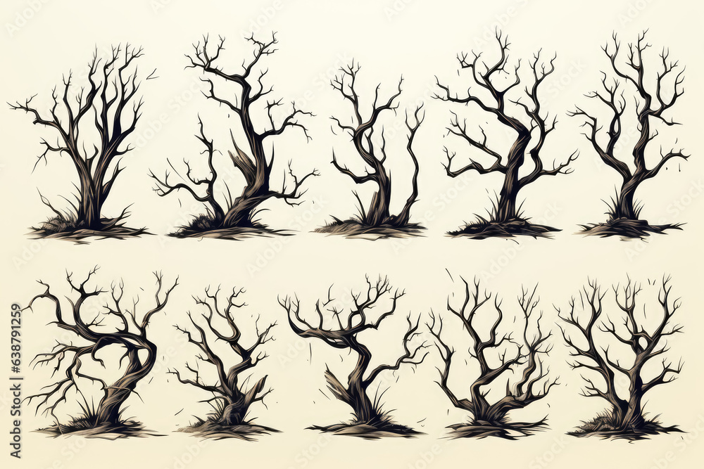 Collection halloween of different dead tree set on white background , Created with Generative Ai Technology