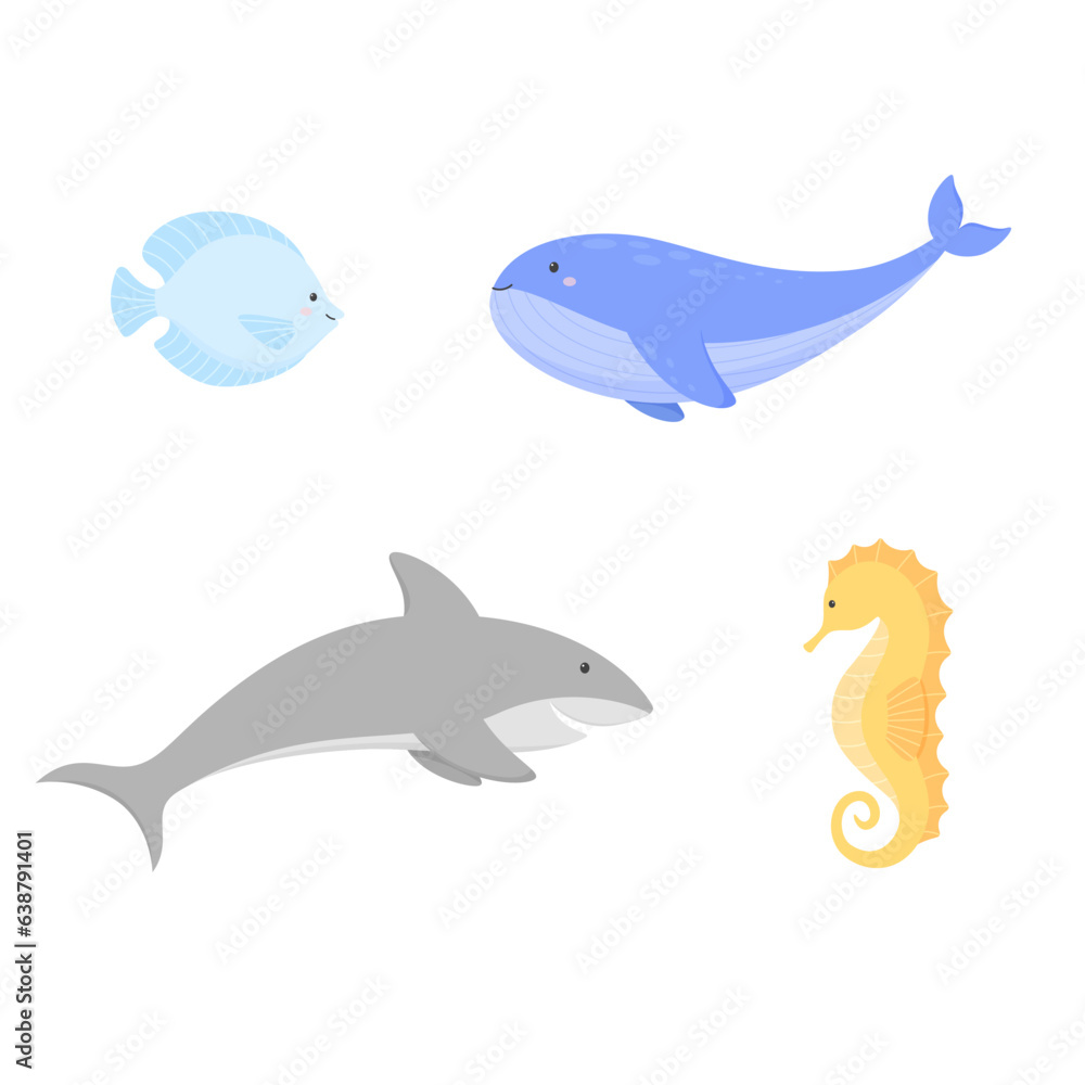 Fototapeta premium Set of cartoon sea animals. Whale, shark, fish, seahorse. Vector illustration.