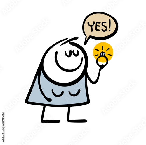 Cartoon lovely woman in a blue dress holds a diamond ring and says yes. Vector illustration of the engagement of the bride and groom.
