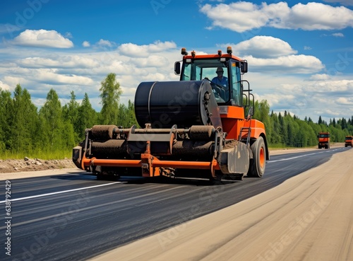Vibratory asphalt rollers compactor compacting new asphalt pavement. Road service build a new highway photo