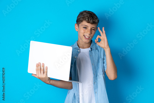 Attractive cheerful skilled Beautiful kid boy wearing casual clothes using laptop showing ok-sign winkin