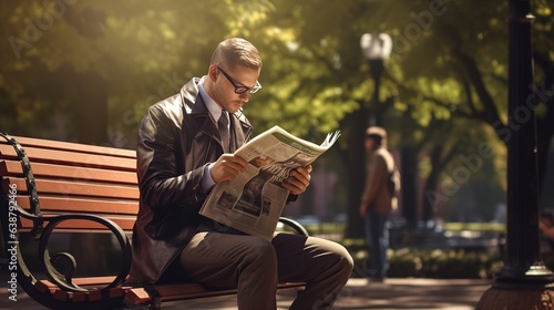 man sitting on park bench, read newspaper