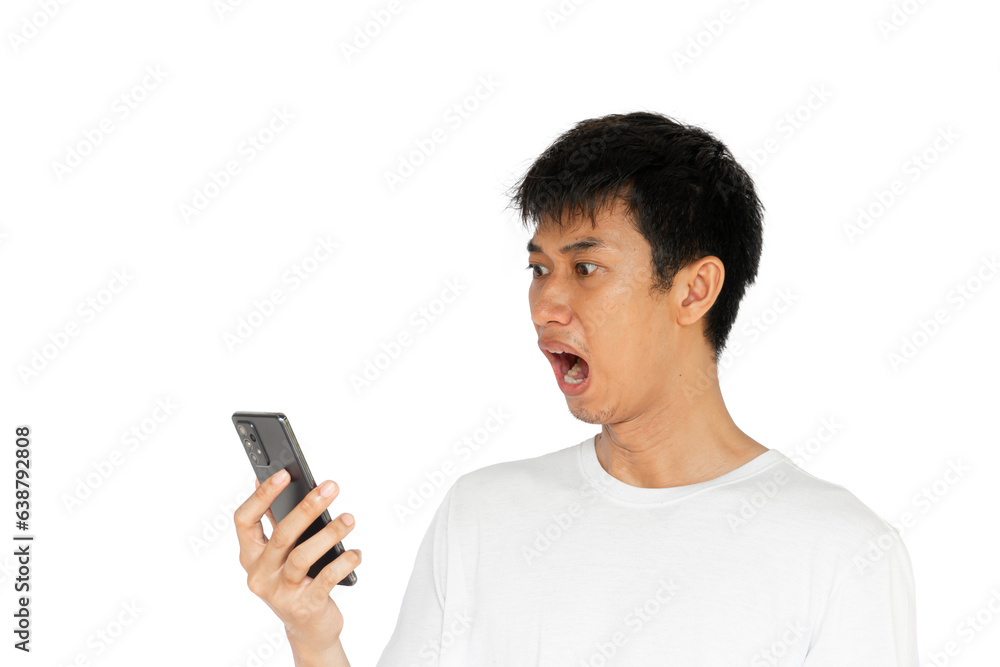 Shocked man watching mobile phone isolated on white background Shocked man watching mobile phone isolated on white background