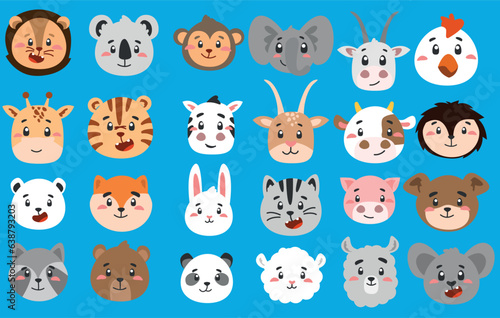 set of vector cute animal faces in simple style, vector graphic