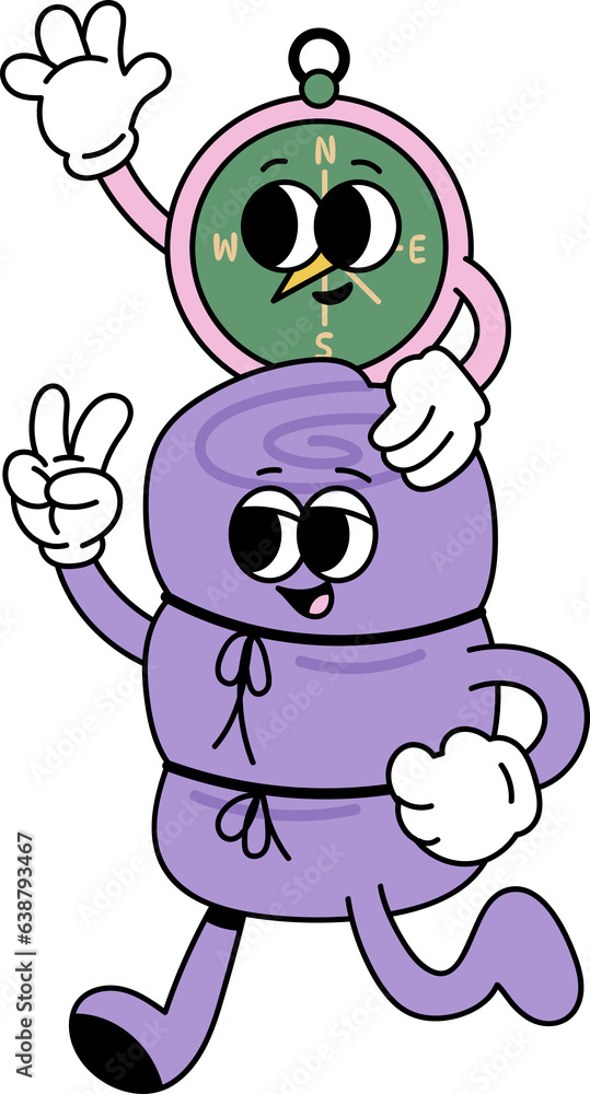 Obraz premium Groovy sleeping bag and compass character illustration