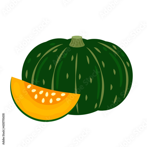 Kabocha squash whole vegetable and slice isolated on white background. Cucurbita maxima. Japanese pumpkin icon. Vector illustration of vegetables in flat style.