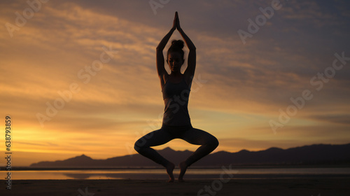 Woman making Yoga pose on sunset. Silouhette. Generative AI. 