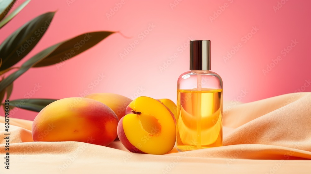 Beauty product image with peach, glass bottle and pink background. Banner Beauty product image with peach, glass bottle and pink background. Banner