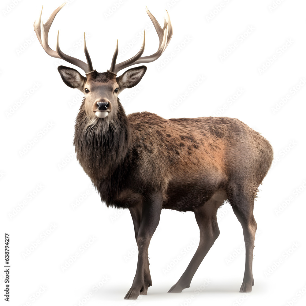 Red deer stag in front of a white background.