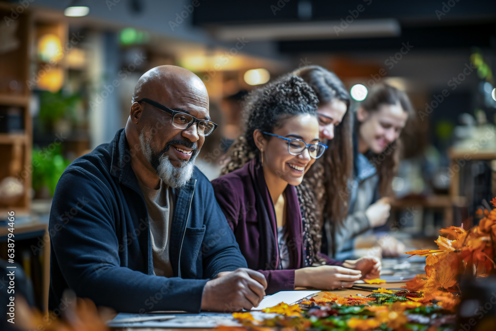 An elderly black man helps collaboratively a group of young women by decorating for an event in a workspace. An elderly black man helps collaboratively a group of young women by decorating for an event in a workspace.