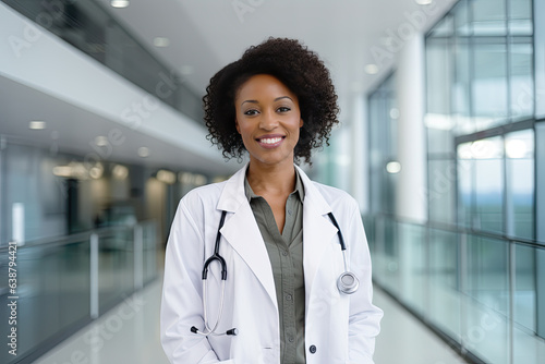 A smiling afro female doctor in a white coat with a stethoscope standing on a blurred background of a large hospital hall