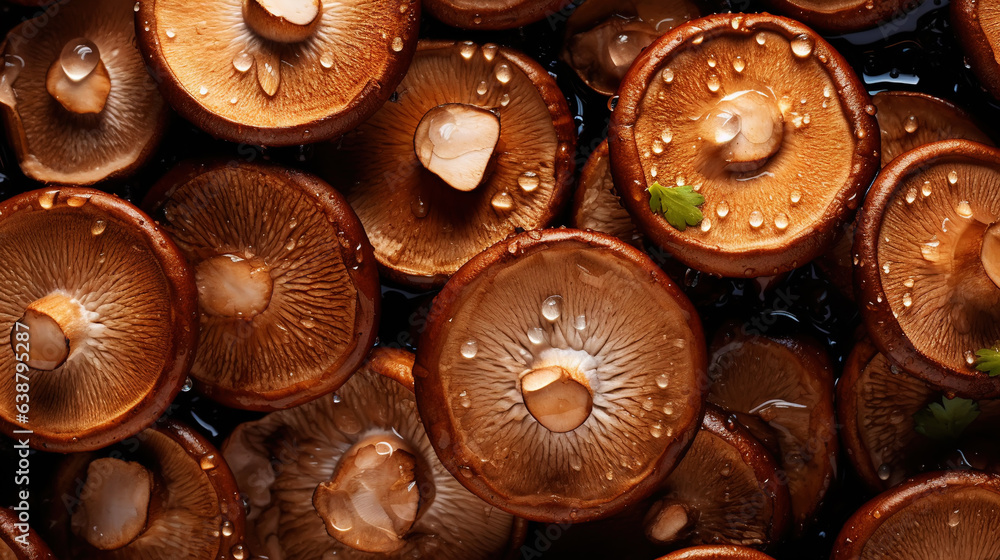 Fresh champignones mushrooms with water drops background. Vegetables backdrop. Generative AI Fresh champignones mushrooms with water drops background. Vegetables backdrop. Generative AI