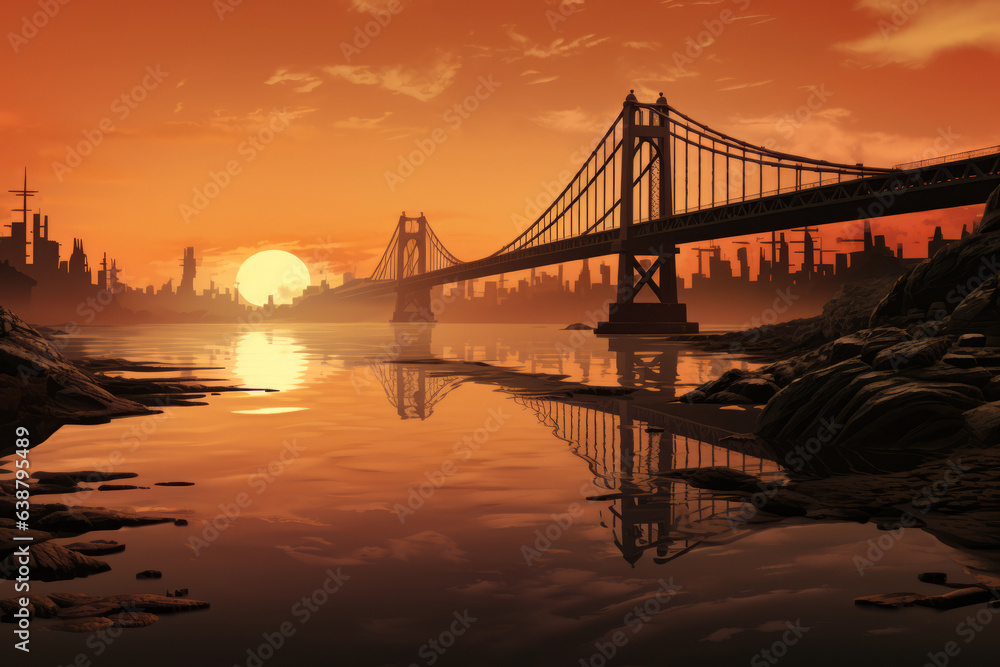 Bridge that is over body of water at sunset with city in the background. Bridge that is over body of water at sunset with city in the background.