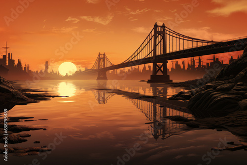 Bridge that is over body of water at sunset with city in the background. © VISUAL BACKGROUND