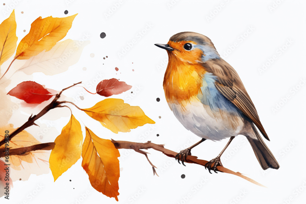 Watercolor painting of a robin bird in autumn between autumn leaves. Generative AI.