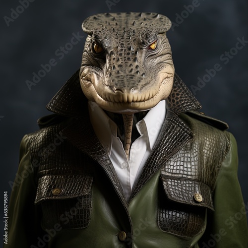 Funny crocodile in a suit, hat and glasses on a dark background. anthropomorphic animal. generative ai photo