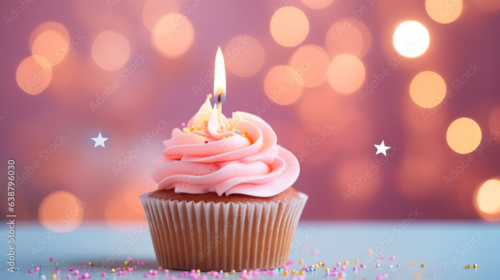 Pink birthday muffin with candle and bokeh lights. Pink birthday muffin with candle and bokeh lights.