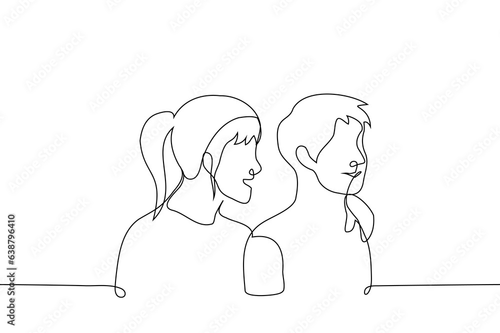 woman and man stand nearby and smile look away - one line art vector. concept of a couple of lovers, siblings of different genders, friendship of a man and a woman