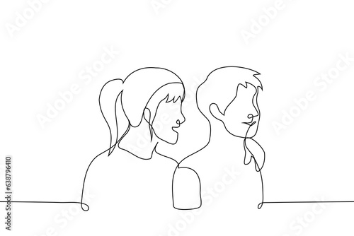 woman and man stand nearby and smile look away - one line art vector. concept of a couple of lovers, siblings of different genders, friendship of a man and a woman