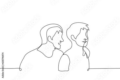 men stand nearby and smile look away - one line art vector. concept of couple of lovers, brothers, male friendship