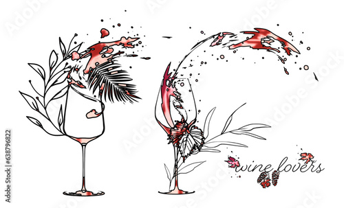 Wine designs for wine lovers. Sketch vector illustration. Hand drawn elements for invitation cards, advertising banner and menu cards. Splashing wine.