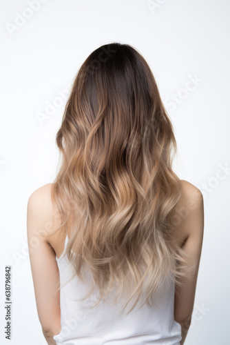 Back view of young woman with ombre hair on a white background